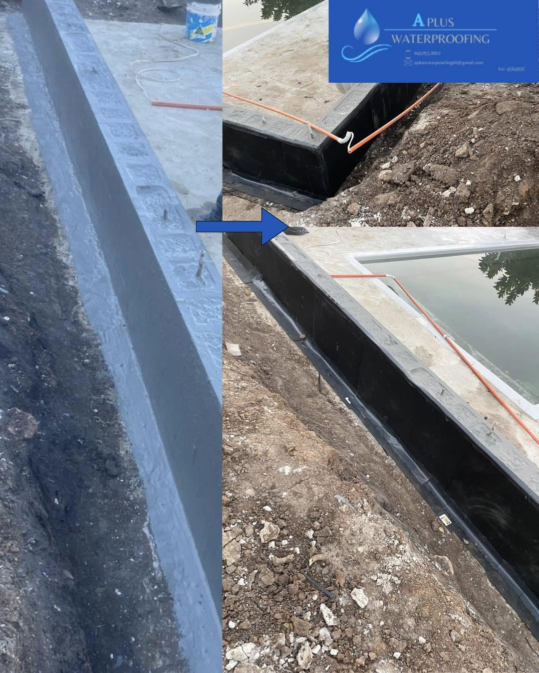 Pool surround waterproofing before and after, membrane applied prior to backfill